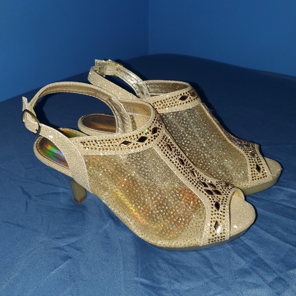 First Sight Shoes - First Sight Gold Jeweled Mesh Heeled Sandals